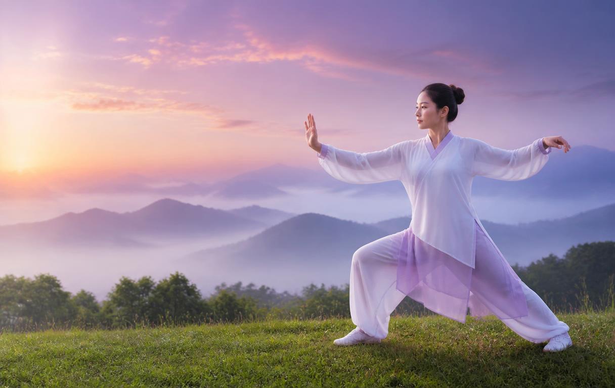 Mujer practicando Tai Chi al amanecer en un paisaje montañoso